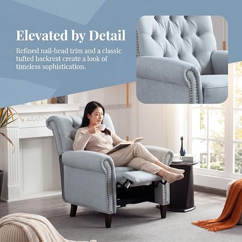 Image of Oversized Tufted Linen Manual Single Lounge Recliner Chair, Blue | Tufted Linen Fabric Manual Recliner Chair, Oversized Lazy Boy Recliner with Rolled Armrest, Breathable Fabric