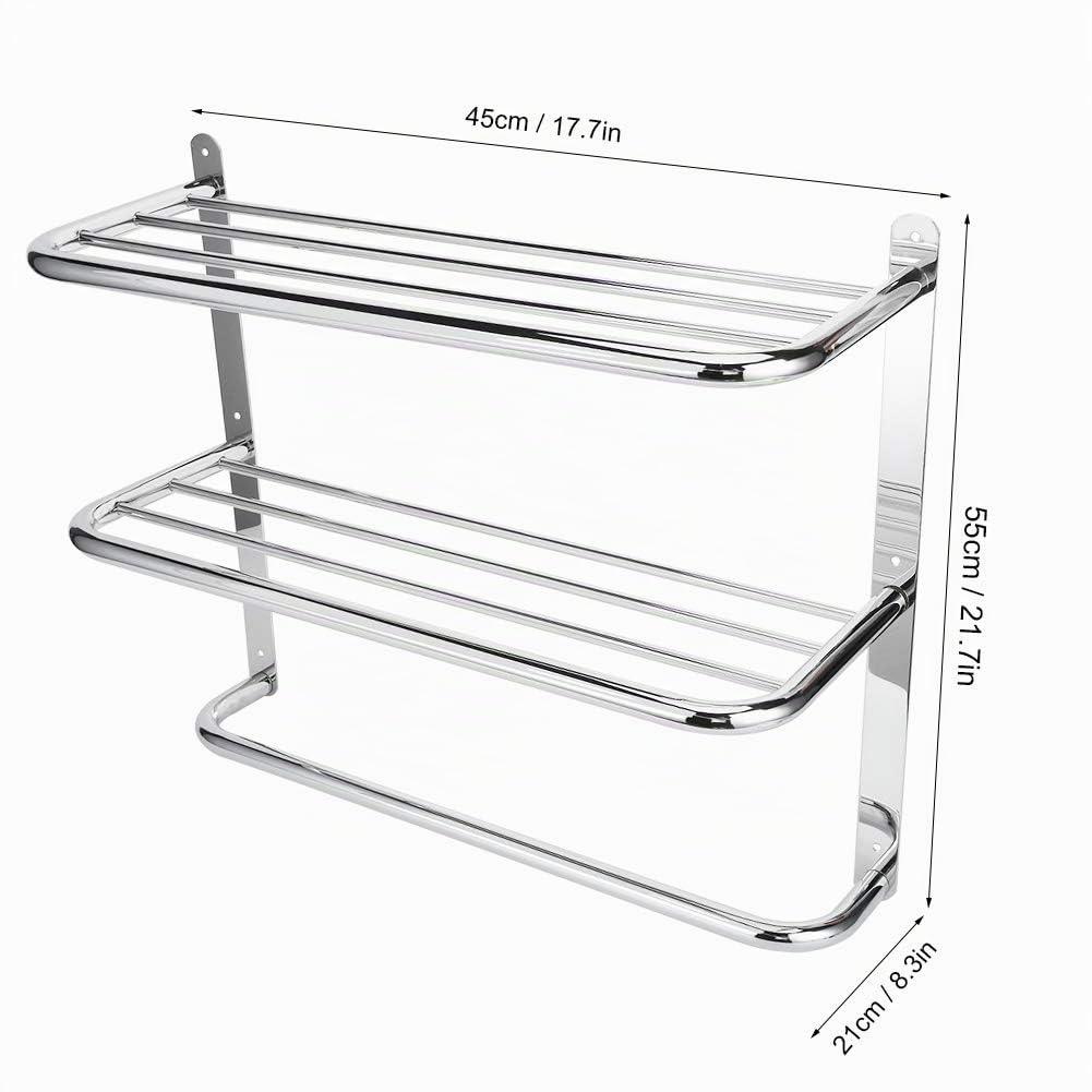 Estante de 3 Niveles con Barra de Toallas, Toallero de Pared de Acero Inoxidable, Estantería de Almacenamiento para Baño 45 x 55 x 21cm