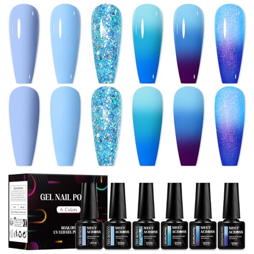 MEET ACROSS Blue Gel Nail Polish Set, 6 Colors Light Blue Sky Blue Glitter Thermal Nail Gel Polish Kit Blue Shades Soak Off Nail Art Salon Design Home Manicure Holiday Gift for Women Girl