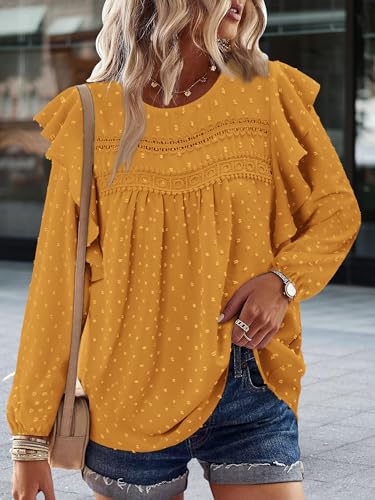 BETTE BOUTIK Womens Boho Fall Long Sleeve Shirts Crewneck Dressy Casual Blouses Trendy Flowy Tops