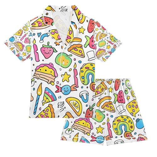 senya Cartoon Pizza Rainbow Satin Summer Pajama Sets Silk Short Sleeve Button Down Sleepwear