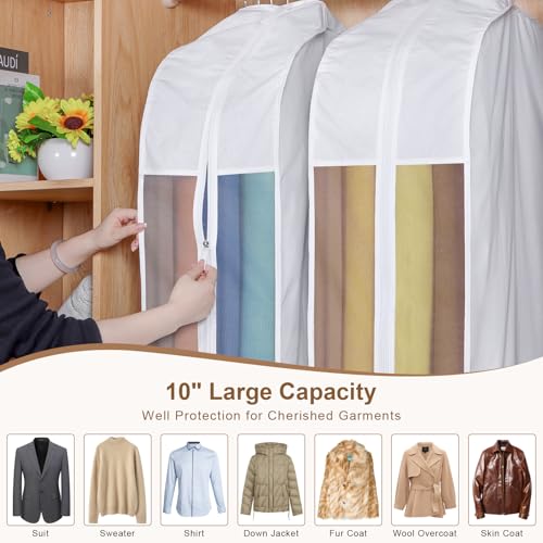 Kntiwiwo 43" Cotton Garment Bag for Hanging Clothes and Storage, Breathable Suit Bags for Closet Storage with 10" Gusseted & Large Clear Window for Suits, Short Dresses, Jackets, Sweaters, 3 Pack4