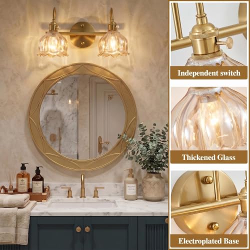 Image of Bathroom Light Fixtures, 3-Light Brass Vanity Wall Light with Amber Tulip Glass Shades, Vintage Wall Sconce Over Mirror for Bathroom, Bedroom, Living Room (Bulbs Not Included) (Amber, 2-Light)