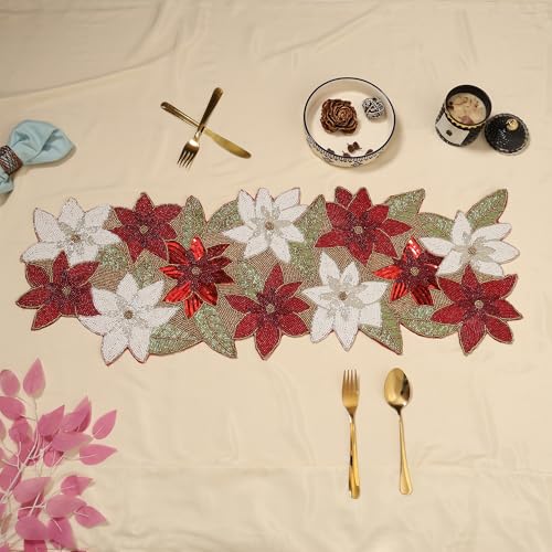 Image of Cotton Beautiful Silver Beaded Table Runner Craftsmanship | Pack of 1 Measure 13 * 36 Inches| Thanksgiving - Occasional Decoration Red Multi Flowers, Medium