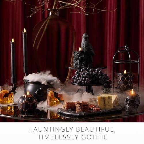 Image of Luminara Black Embossed Fretwork Pumpkin Candle, 3.8 inch x 4.3 inch Flickering Flameless LED Light, AA Batteries (Sold Separately) w /Timer, Real Wax Indoor Fall Halloween Decor Table Mantel Decoration