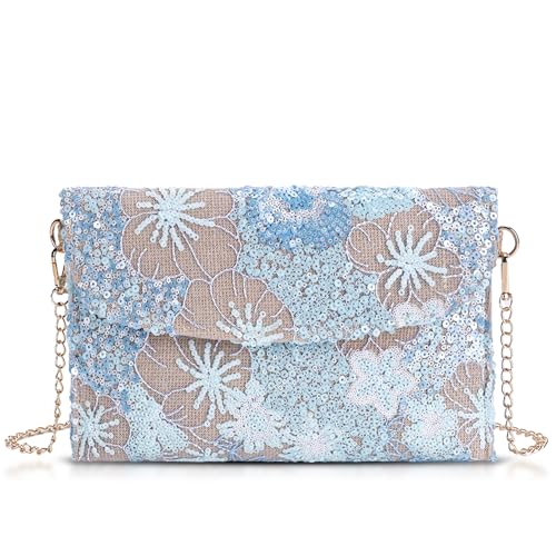 Image of Clutch Purses for Women, Envelope Package, Sequin Embroidered Flowers Straw Bag, Bohemian Handmade Handbags