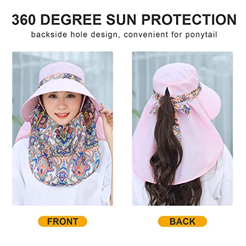 Image of Women Wide Brim Face Mask Sun Hat Detachable Neck Face Flap Ponytail UV Protection Visor Hat Garden Fishing Hiking