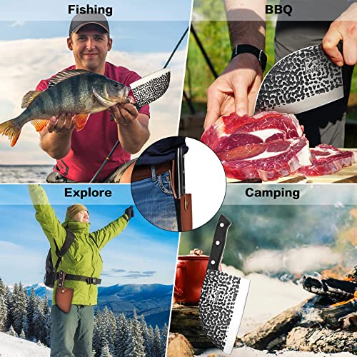 Imarku Butcher Knife, 7 Inch Cleaver Knife, Hand-Forged Full Tang Serbian Chef Knife With Leather Sleeves, Japan High Carbon Steel Meat Cleaver For Kitchen, Camping, Bbq #TOP2