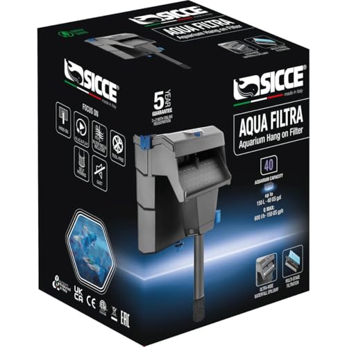 Sicce Aqua Filtra 40 Hang On Back Aquarium Fish Tank Power Filter Up to 40 Gallon Aquariums - Quiet 3-Stage HOB for Freshwater & Saltwater