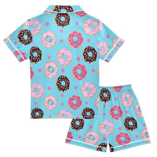 Cute Pink Cartoon Donuts Summer Satin Pajama Set, Cute Button-Down Sleepwear Pj Set for Sleep Wears2