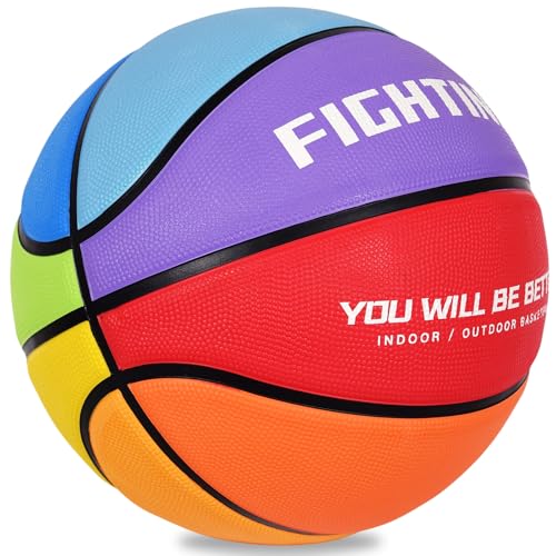 AXGUIQ 29.5 Outdoor Basketball Official Size 7 Fighting Colorful Vibrant Rainbow Design Mens Premium Thickened Rubber Game Training Competition Wear Resistant Basketball Gifts(Deflated)