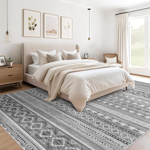 cotiled 10x12 Area Rug for Living Room, Washable Non-Slip Large Area Rug, Indoor Floor Carpet Low Pile Soft Boho Farmhouse Rug for Bedroom Dining Room (Grey Beige,10'x12')