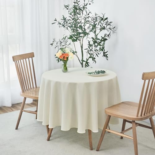 Image of maxmill Round Weaved Texture Design Tablecloth Spill-Proof Wrinkle Free Soft Washable Table Cloth for Circular Table Cover, for Dining Room Buffet Banquet Parties Holiday Dinner, 90 Inch Ivory