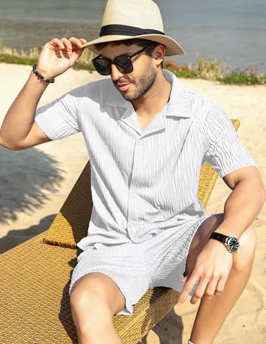 Image of ZAFUL Men's 2 Pieces Sets Outfits Summer Beach Set Short Sleeve Button Down Zip Up Shirt And Short Sets