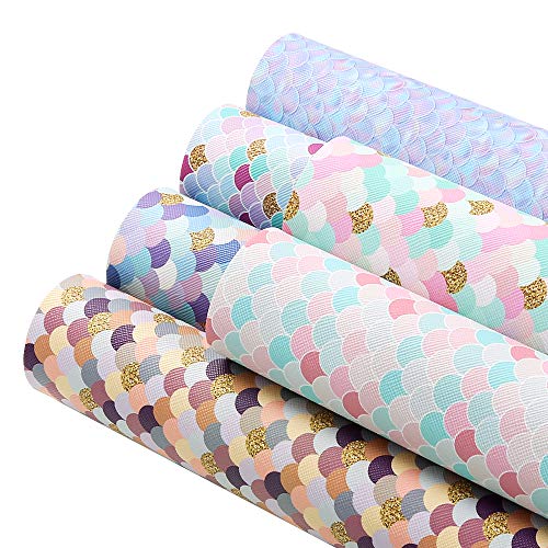 Caydo 6 Pieces Mermaid Faux Leather Sheets, Fish Scales Printed Synthetic Leather Sheet for Earrings and Hair Accessories Bow Making(8.26