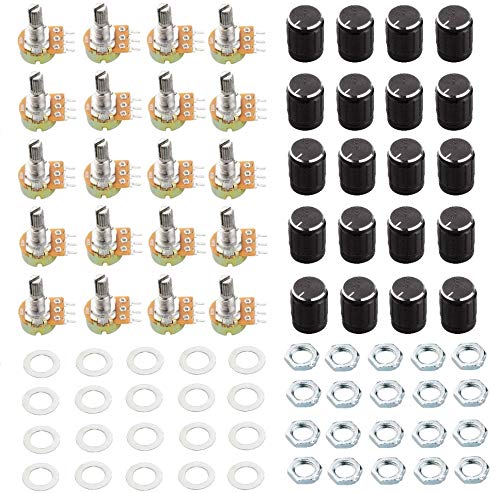 Cenrykay 20 PCS B10K 3pin Ohm Knurled Shaft Linear Rotary Taper Potentiometer+20 PCS Black Plastic Knob (WH148) Kit