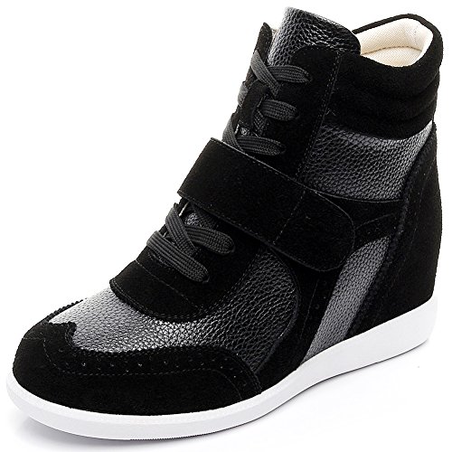 rismart Women's Wedge Heel Hook-Loop Brogue High Top Comfortable Fashion Sneakers Shoes SN8599(Black_Leather,us7)