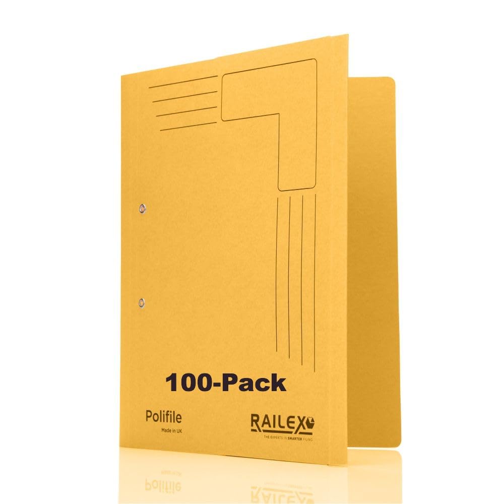 Railex Polifile A4 Folder - Gold Pack of 100 for Paperwork A4, Lever Arch File and Ring Binder Alternatives with Flexible Spine and Document Wallet, Cardboard Folders with Durable Plastic Prong