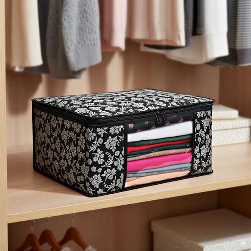 Image of Flower Printed Saree Covers for Cloth Storage & Wardrobe | Transparent Window, Zipper Closure | Black | Pack of 16 | Dustproof, Breathable, Travel & Home Use