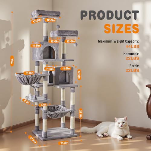 Image of Sweetcrispy 71 inch Cat Tree Tower, Large Multi Level Cat Climbing Tower with Condo, Natural Sisal Scratching Posts, Platform, Hammock, Basket, Tall Pet Tree House for Indoor Cats Play, Light Grey