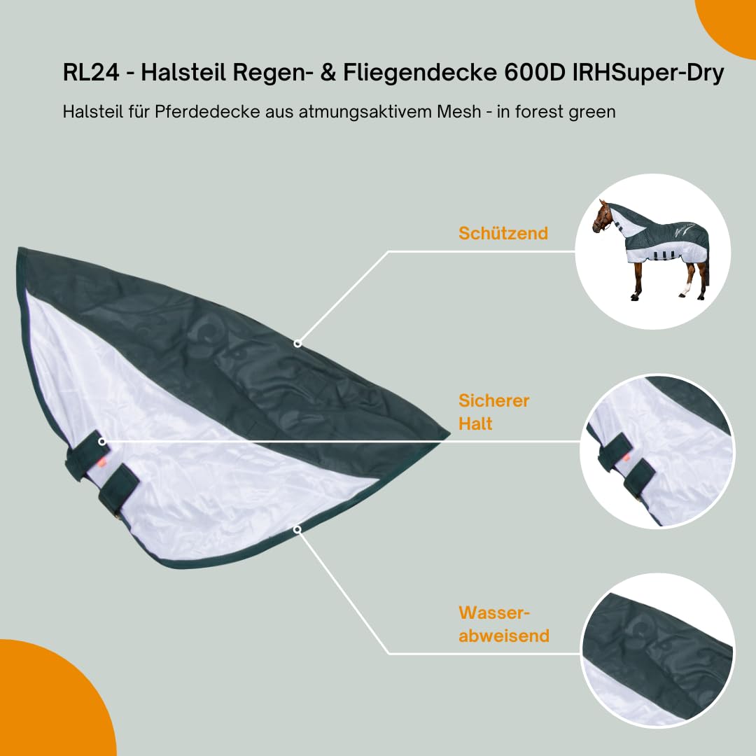 RL24 - Halsteil Regen- & Fliegendecke 600D IRHSuper-Dry – Halsteil für Pferdedecke aus atmungsaktivem Mesh – Schutz vor Insekten – doppelter Klettverschluss – in Forest Green – Größe M