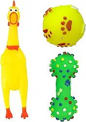 Kit 3 Mordedores Brinquedos Pet Cachorro Todos os Portes Apito Sonoro Squeaker Galinha Bolinha Halteres Borracha Resistente Durável Produtos para Pet Premium