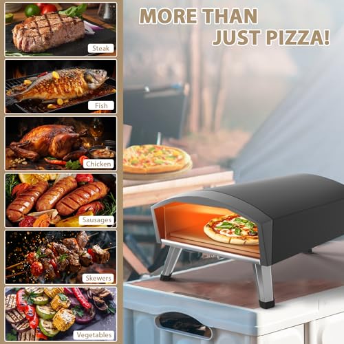 Pizza Oven Table Grill Cart with 12” Gas Pizza Oven, Propane Pizza Maker Outdoor and Universal Pizza Oven Grill Table 4 Wheels for Outside Backyard, Camping, Picnics, Patio