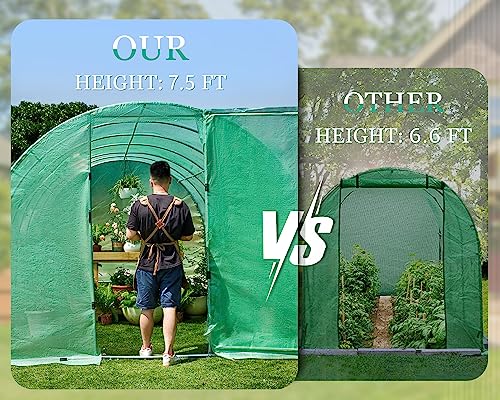 Papababe 20x10x7.5 FT Extra high Large Walk-in Greenhouse for Outdoors, Upgraded Swing Door, Heavy Duty Galvanized Steel Frame Tunnel Greenhouse kit, Reinforced PE Cover & Film Clips, Green