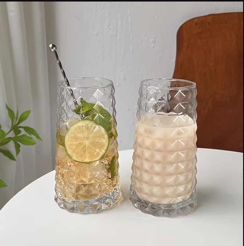Image of Premium 450ML Water - Juice Glasses Drinking Glasses Set of 4, Highball Lead-Free Glasses, Tumblers for Water, Juice, Beer, Cocktail and Mixed Drinks (Daimond Cut Glass - A, Set of 4)