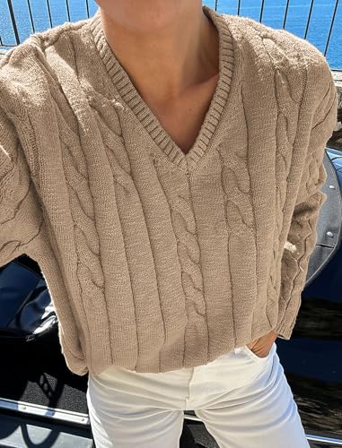 ZAFUL Women's V Neck Cable Knit Sweater 2025 Fall Pullover Long Sleeve Ribbed Loose Top Casual Outfits2