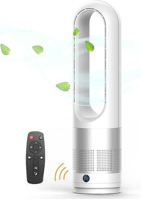 EZSMART Bladeless Fan Cooler, Total 23.62-inch 80° Oscillating Tower Fan with Remote Control, 8 Speed Settings, 8 Hour Timer, Super Quiet Touchable Pedestal Fan for Home Office Bedroom (Silver)