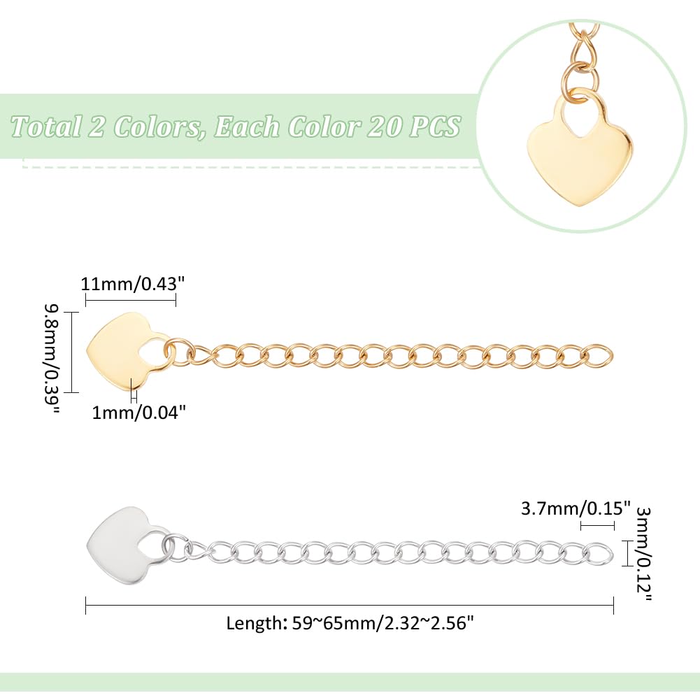 UNICRAFTALE 40pz 2colori 304 catenelle di Estensione per Catena Barbazzale In Acciaio Inossidabile con Ciondoli A Forma di Cuore Linguette per Catene Collane di Estensione Cavigliere Estensori 59~65mm