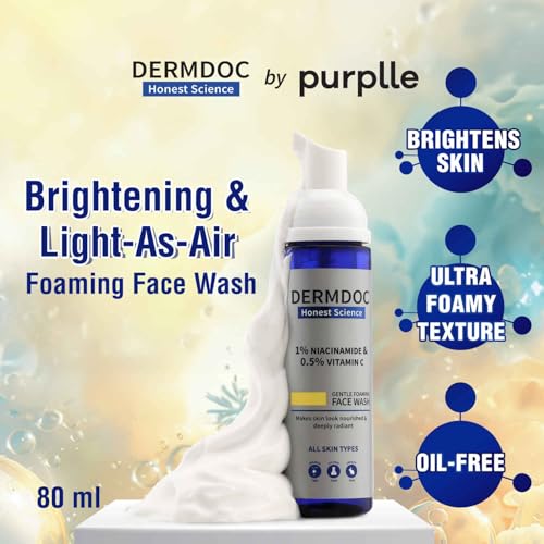 Image of DERMDOC by Purplle 1% Niacinamide & 0.5% Vitamin C Foaming Face Wash for Glowing Skin (80 ml) | Skin Cleansing | Foaming Face Wash for Oily Skin | Oil-Free Face Wash