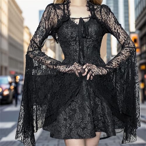 Image of Goth Bolero Shrug Women Lace Sheer Mesh Gothic Flare Sleeve Emo