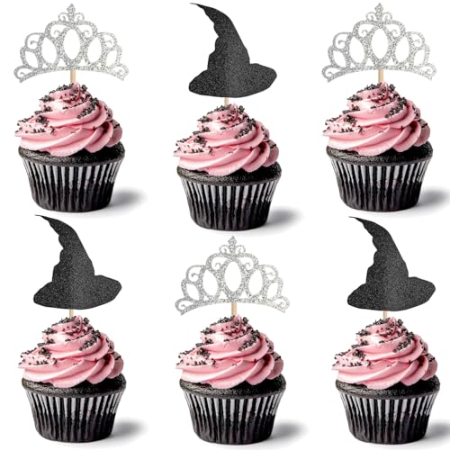 GYGYL 24 PCS Halloween Cupcake Toppers Glitter Witch Hat Crown Cupcake Picks Witch & Crown Birthday Cake Decorations for Halloween Theme Birthday Party Supplies (Witch & Crown)