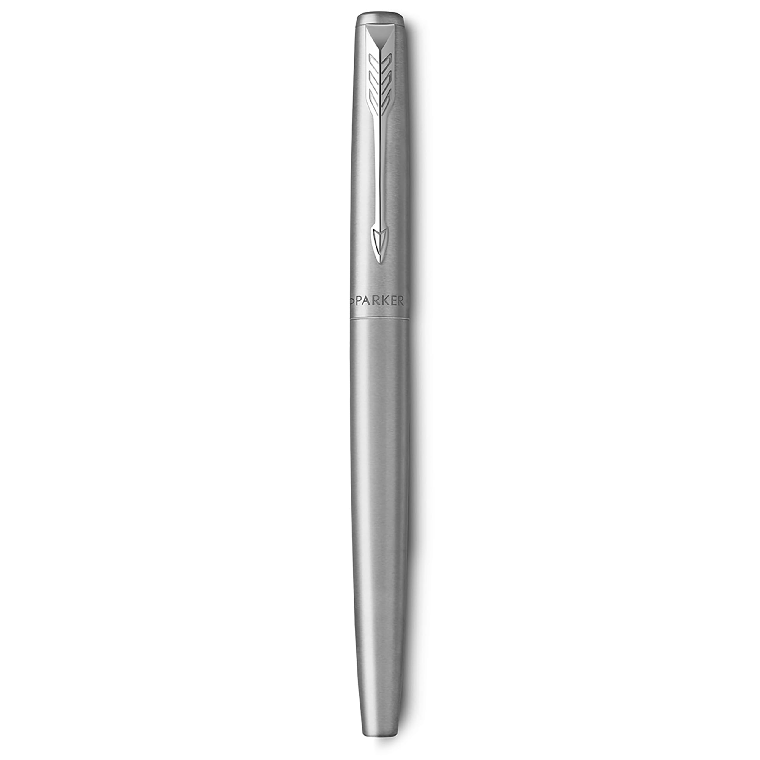 Parker Jotter pluma estilográfica | cuerpo de acero inoxidable con adorno cromado | plumín mediano y tinta azul | Material escolar | en estuche de regalo