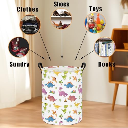 Image of Round Laundry Basket Collapsible Storage Hamper Organizer Cute Dinosaur | Waterproof Canvas Foldable Baskets with sturdy Handles Multi-scene Organizer for Home Play Bedroom Gift Bin