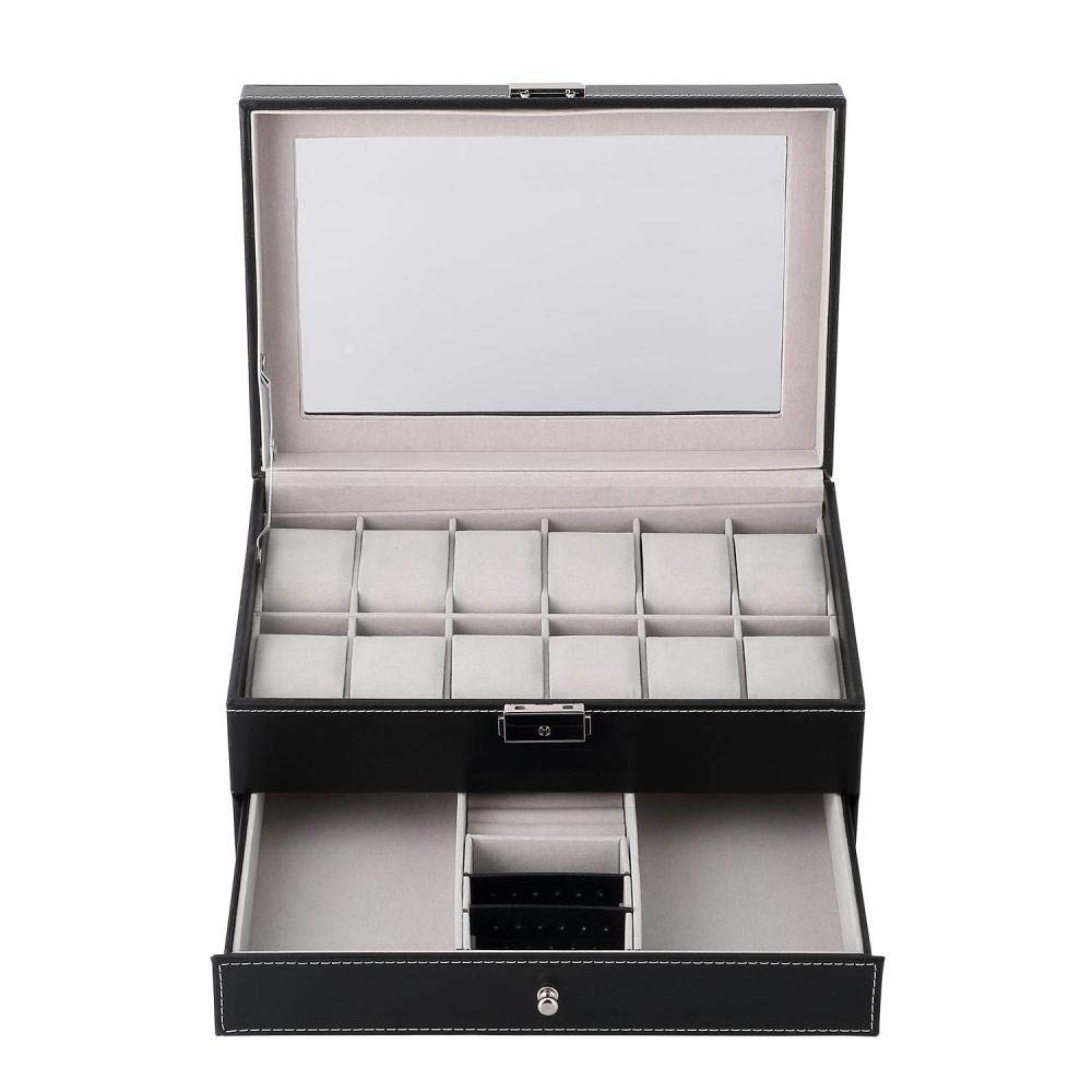 Caja de reloj con tapa de cristal para 12 relojes, joyería de doble capa, caja de almacenamiento para relojes, colección de cajas para hombres y mujeres, soporte organizador de regalo