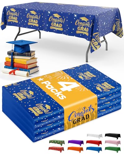 Image of Niuara Blue Graduation Tablecloth 2026 - 4 Pack 54 inch x 108 inch Disposable Tablecloths for 6FT Tables, Class of 2026 Graduation Party Decorations & Supplies
