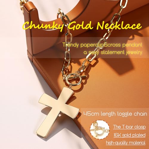 Krfy Chunky 16K Gold Plated Necklace for Women, Hammered Cross Necklace for Women Non Tarnish, Heart Clover Necklace Pendant, Dainty Toggle Necklaces Paperclip Chains Jewelry 45cm - Image 3