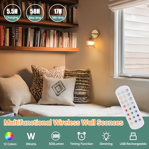 Image of Shenmoyl Vintage Battery Operated Wall Sconces Set of Two, Rechargeable Battery Powered Wall Sconces with Remote Control, Wireless Dimmable LED Light for Bedside Indoor Living Room (Amber Lily)
