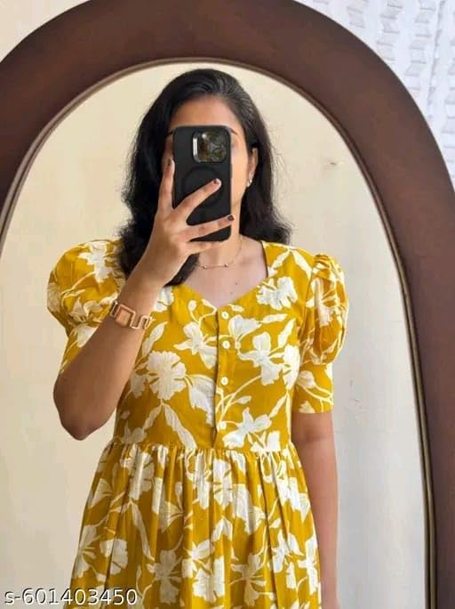 Image of Women's Rayon Floral Printed Midi Dress | Casual Fit & Flare One Piece Dress for Women | Stylish Short Sleeve Western Dress