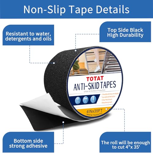 Image of Black Anti-Slip Stair Treads Tape,4 inch x35FT Heavy Duty PVC Non-Skid Grip Tape for Wooden Steps, Indoor /Outdoor Stairs, Pool Decks - Peel & Stick Waterproof Safety Traction