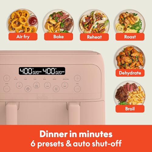 Image of bella 4 Qt TriZone Air Fryer, EverGood Ceramic Nonstick Coating, Dual Basket Design w Removable Divider, Digital Touchscreen Control w 6 Preset Cooking Options, 1200 Watt, 3lb Capacity, Blossom