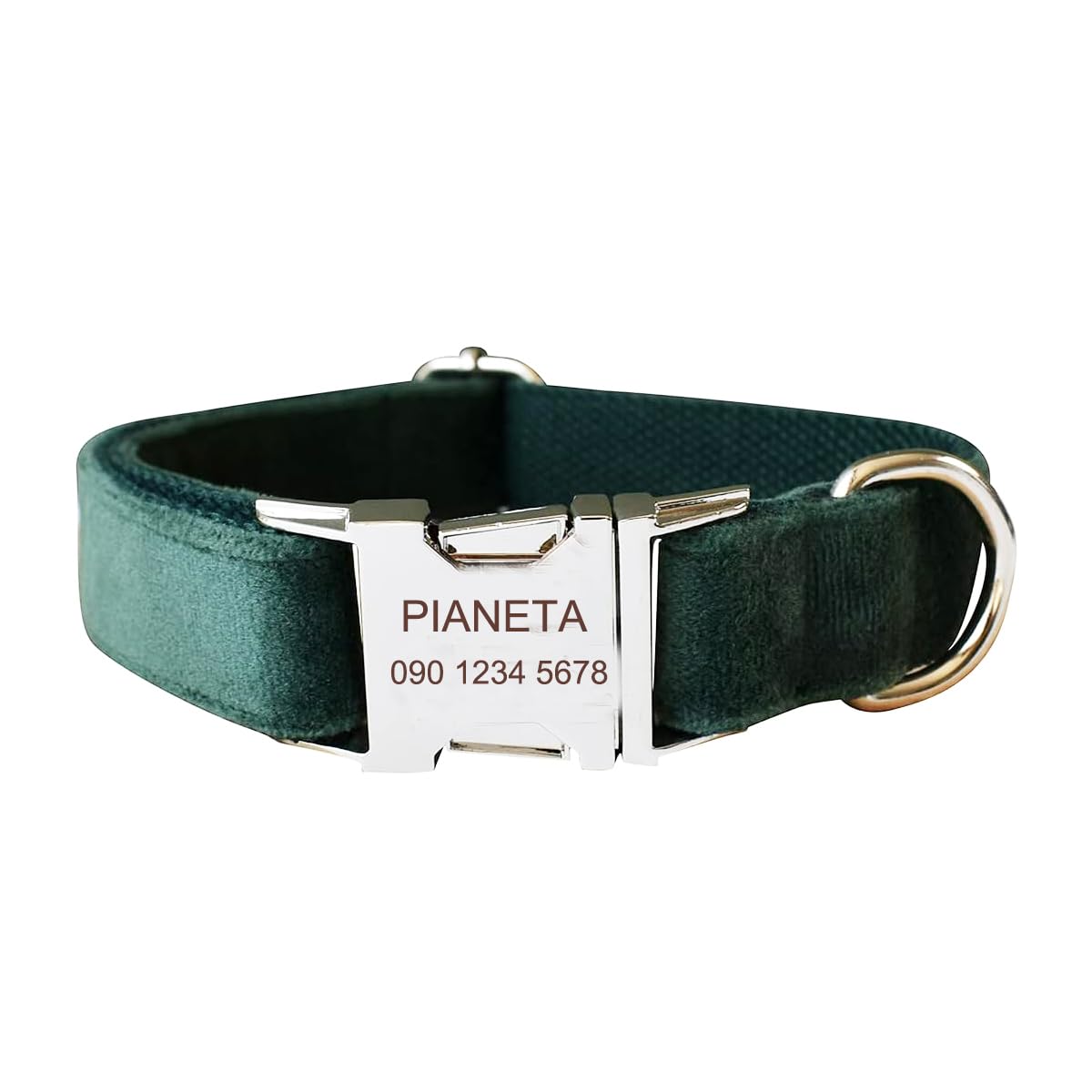 Personalized Dog Collar - Soft Comfy Velvet Custom Dog Collars with Pet Information Engraved on The Metal Plate, Dog Leash and Bow Tie Available (Green)