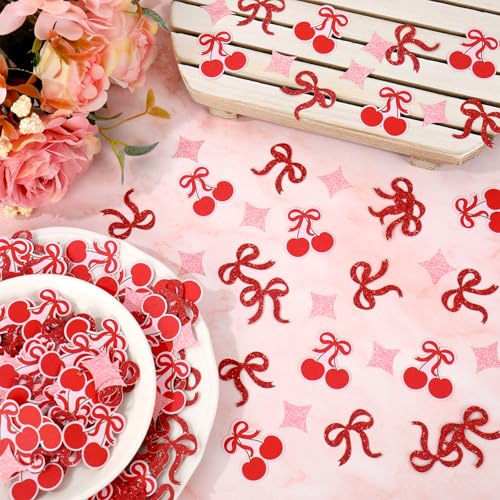 Image of Whaline 300 Pcs Coquette Table Confetti Red Bow Cherry Star Confetti Glitter Table Centerpieces for Birthday Baby Shower Party Decoration