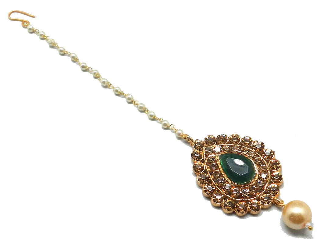 Chand Bali Shaped Maang Tikka Decorated With American Diamond & Pearl Drops (Green-B) (B08PVS6D7L) Amazon Price History, Amazon Price Tracker