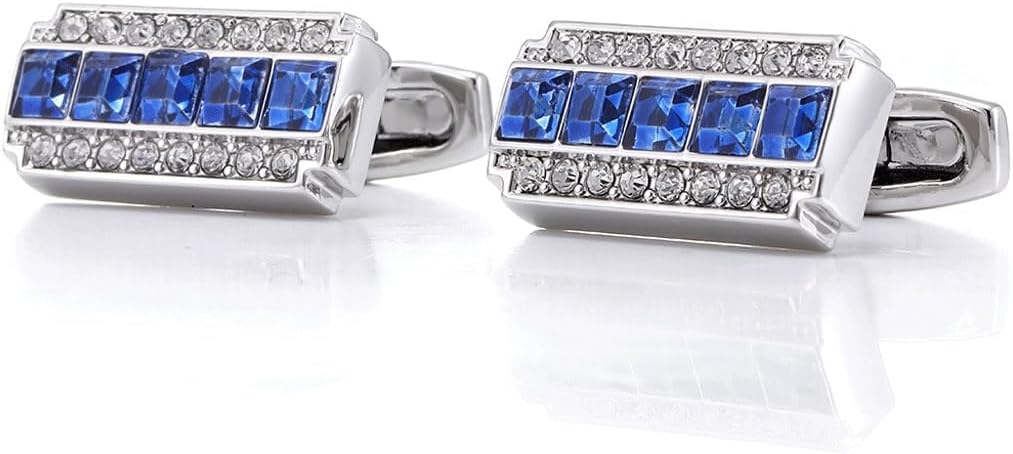 Silver Rectangle with Crystal Cufflinks French Shirt and White Two-Color Diamond