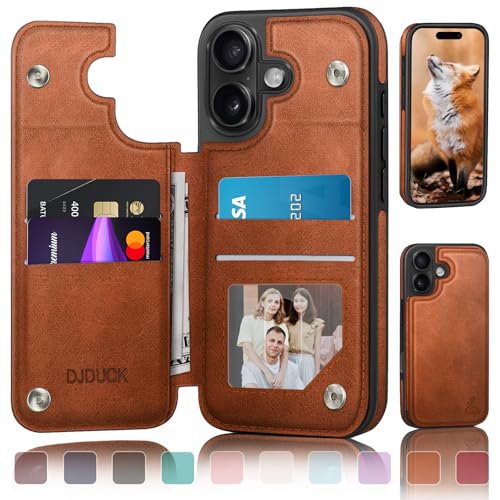 DJDUCK Designed for iPhone 16 Case Wallet with Card Holder, [Magnetic Clasp Cover] [RFID Blocking Leather Protection] Shockproof Women Men Cases 6.1 Inch for Apple 16 Light Brown