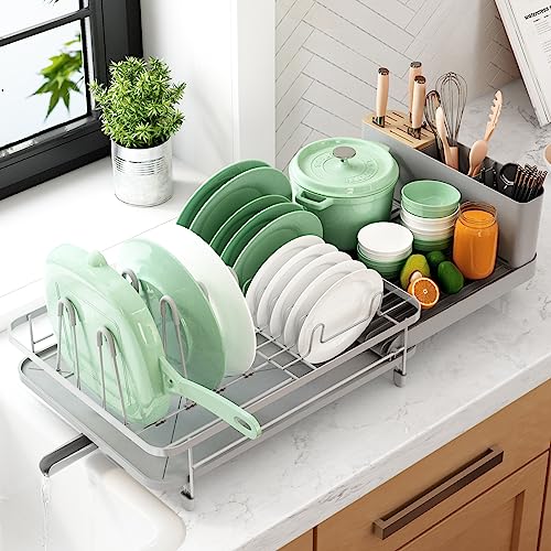 Kitsure Kitchen Dish Drying Rack - Extendable w/Large Capacity, for Counter, Multipurpose Drainer w/Detachable Brackets Pot Lids, Dishes, Pans, Grey Gray